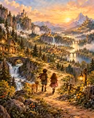 Young adventurers continuing through a lantern-lit mountain valley