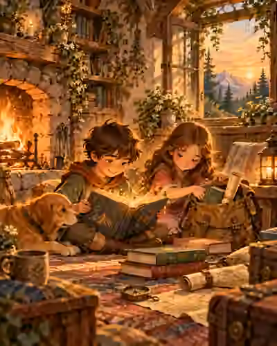 Children and their dog sharing a story beside a warm hearth