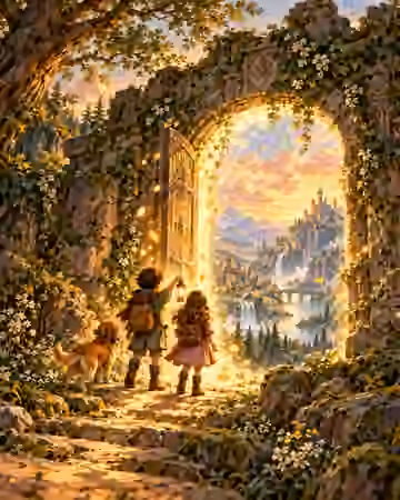 Young adventurers opening a glowing gateway into a fantasy valley