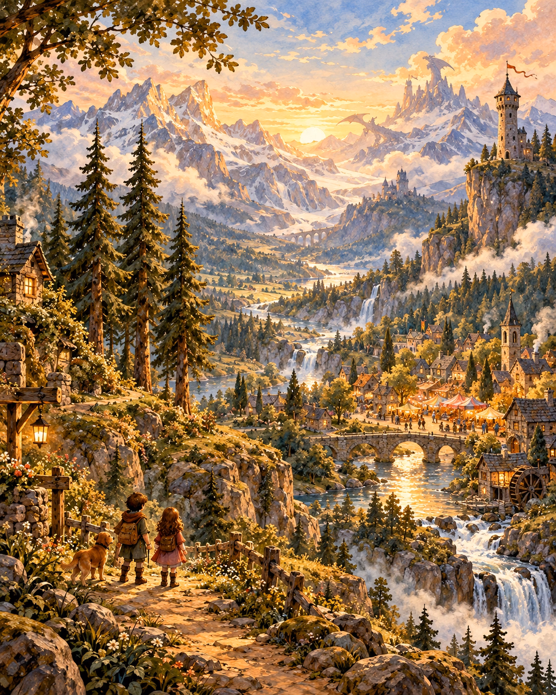 The Three Pines fantasy world with rivers, villages, forests, bridges and mountain paths