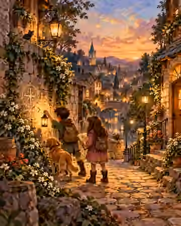 Young investigators following lantern clues through a village at sunset