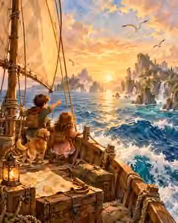 Young adventurers sailing toward unknown islands at sunset