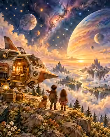 Children beneath a vast cosmic horizon